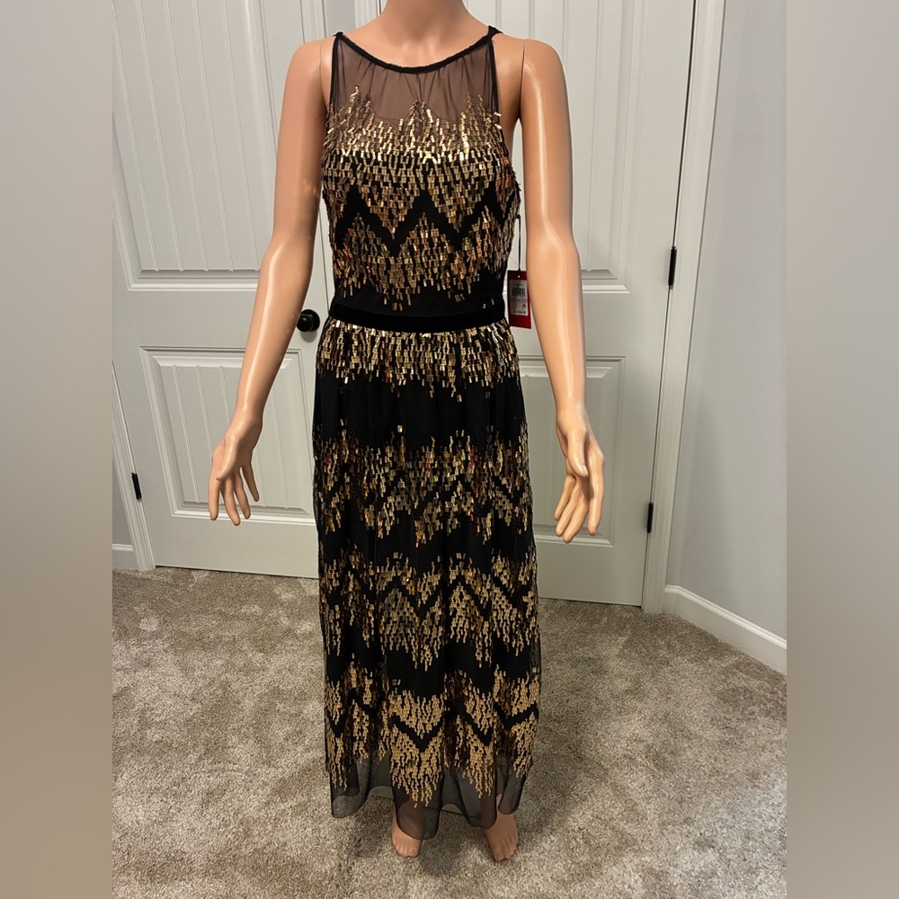 Vince Camuto Black Maxi Dress with Gold Sequin Pattern